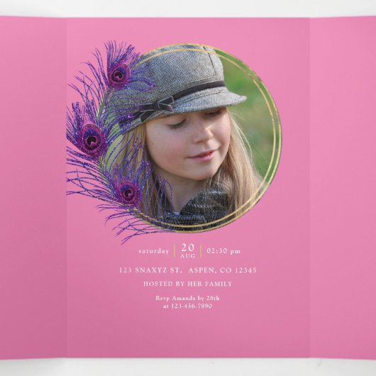 Roze en gouden pacock Quinceañera Drieluik Uitnodiging (Binnenkant midden)