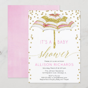 Roze en gouden paraplu meisje baby shower kaart