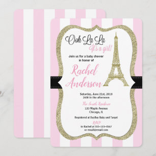 Roze en gouden parijs baby shower uitnodiging meis