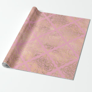 Roze en Gouden Parijs Folie Damast Cadeaupapier