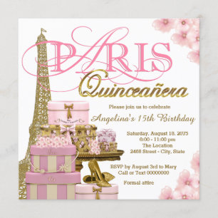 Roze en gouden Paris Quinceanera Kaart
