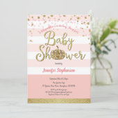 Roze en gouden pompoen baby shower uitnodiging (Staand voorkant)