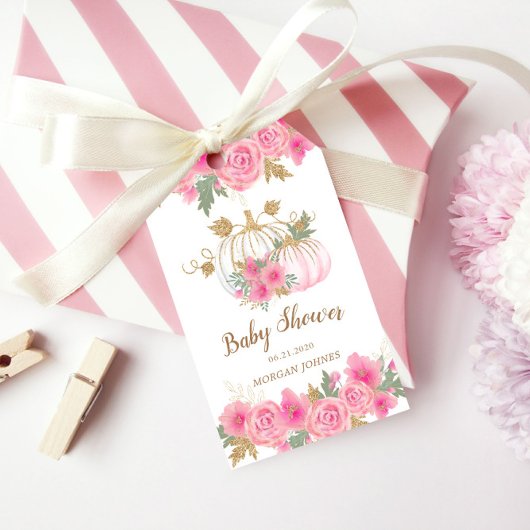 Roze en gouden pompoen bloemenmonogram cadeaulabel