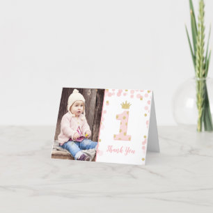 Roze en Gouden Prinses 1e Verjaardag Dank u Kaart