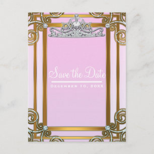 Roze en gouden prinses Crown Tiara Save the Date Aankondigingskaart