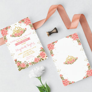 Roze en Gouden Prinses Kroon Bloemen Baby shower Kaart