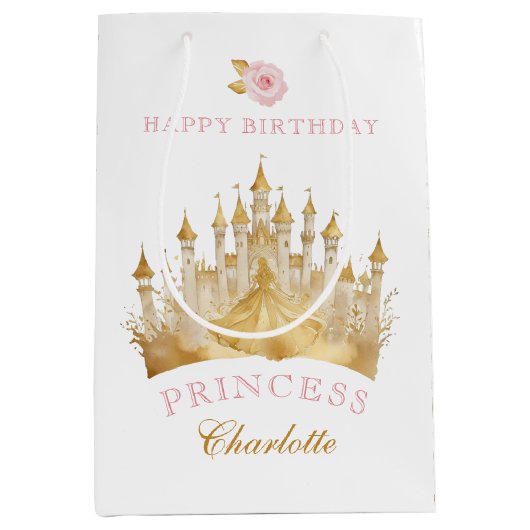 Roze en Gouden Prinses Verjaardag Party Gift Bag Medium Cadeauzakje (Voorkant)