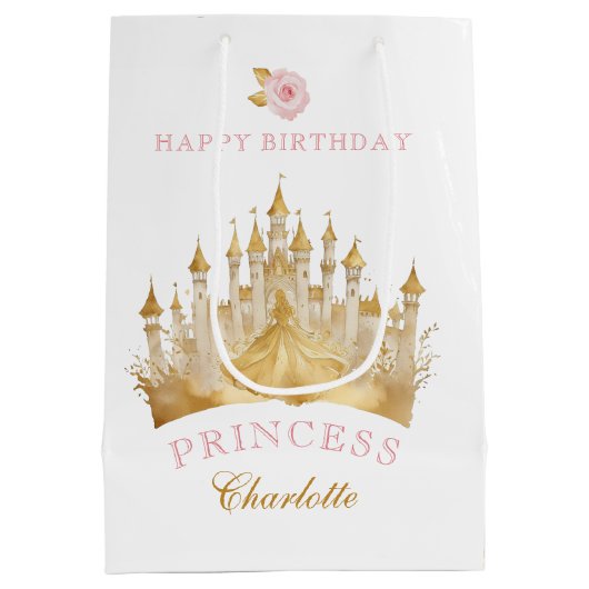 Roze en Gouden Prinses Verjaardag Party Gift Bag Medium Cadeauzakje (Achterkant)