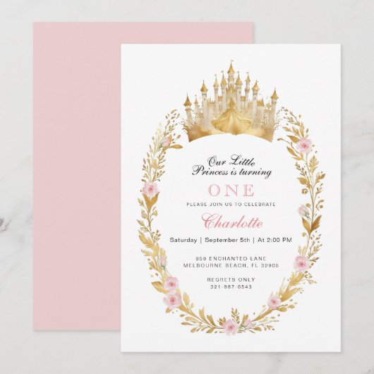Roze en Gouden Prinses Verjaardag Uitnodiging (Voorkant / Achterkant)