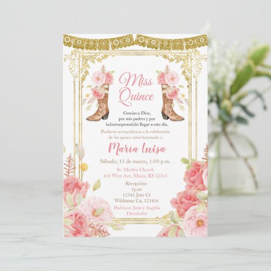 Roze en gouden Quinceanera Mexicaanse Miss Quince Kaart (Staand voorkant)