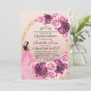 Roze en gouden rozen Quinceanera XV Años Kaart