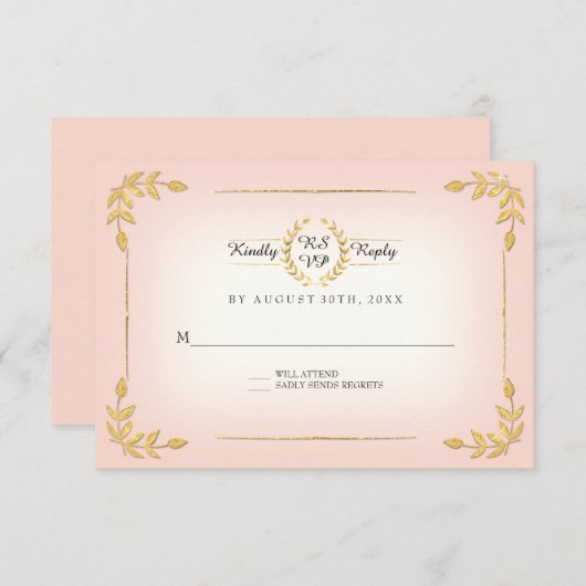 Roze en gouden RSVP Modern Laurel Leaf Wreath Crow (Voorkant / Achterkant)