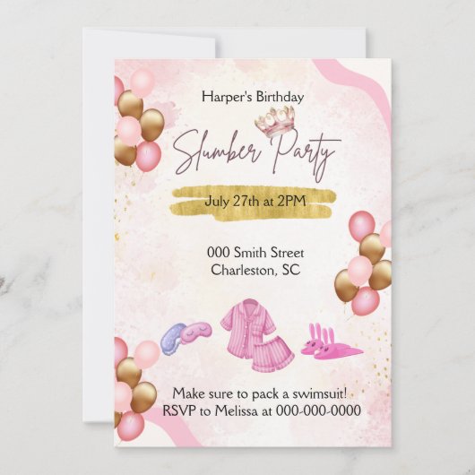 Roze en gouden slaapfeest uitnodiging (Voorkant)