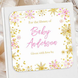 Roze en Gouden Sneeuwvlokken Baby Shower Ex-Libris Vierkante Sticker