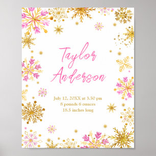 Roze en gouden sneeuwvlokken geboorte statistieken poster