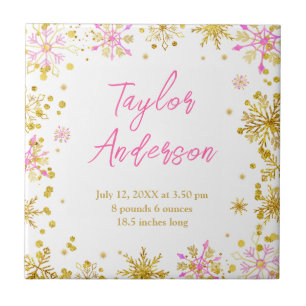Roze en Gouden Sneeuwvlokken Geboorte Statistieken Tegeltje