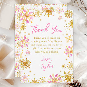 Roze en Gouden Sneeuwvlokken Winter Baby Shower Bedankkaart
