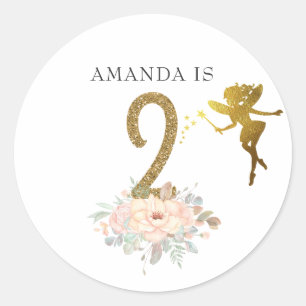 Roze en gouden sprookjesachtig meisje 2e verjaarda ronde sticker