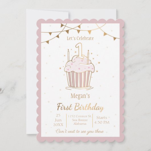 Roze en gouden sterren Uitnodiging voor eerste ver (Voorkant)