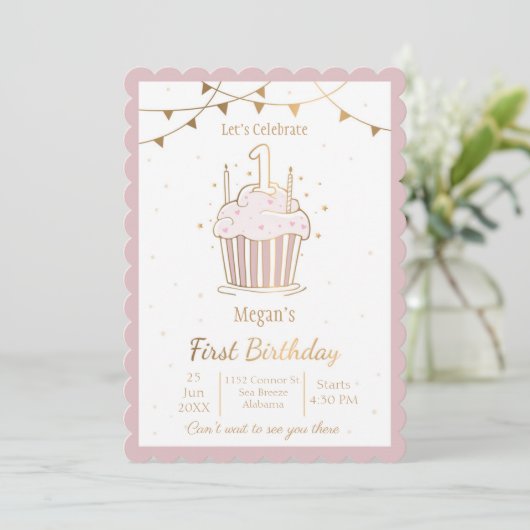 Roze en gouden sterren Uitnodiging voor eerste ver (Staand voorkant)