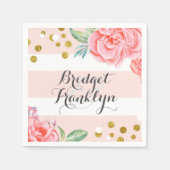 roze en gouden strepen confetti bloemige bruiloft servet (Voorkant)