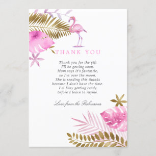 Roze en gouden tropische flamingo baby shower beda bedankkaart