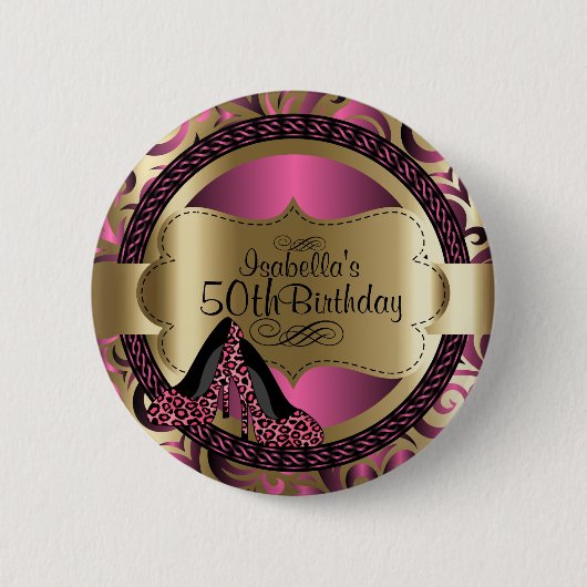 Roze en gouden verjaardag met hoge luipaarden ronde button 5,7 cm (Voorkant)