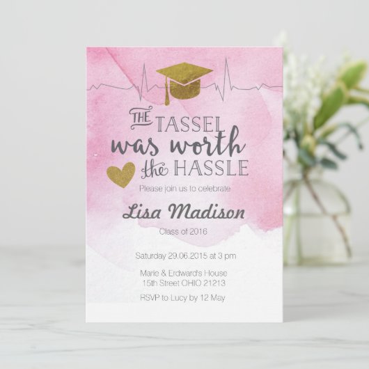 Roze en gouden verpleegkundige afstuderen uitnodig kaart (Staand voorkant)