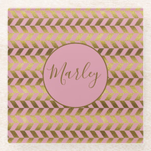 Roze en gouden visgraat gepersonaliseerd glazen onderzetter