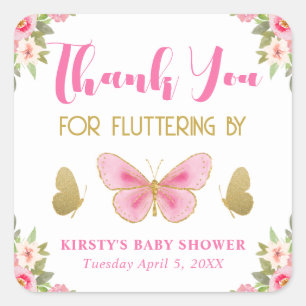 Roze en Gouden Vlinder Bloemen Meisje Baby Shower Vierkante Sticker