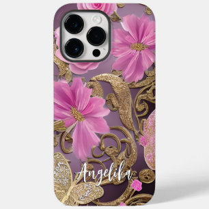 Roze en Gouden Vlinder Persoonlijke Naam Case-Mate iPhone 14 Pro Max Hoesje