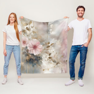 Roze en Gouden Wabi-Sabi Bloemen Grijze Achtergron Fleece Deken