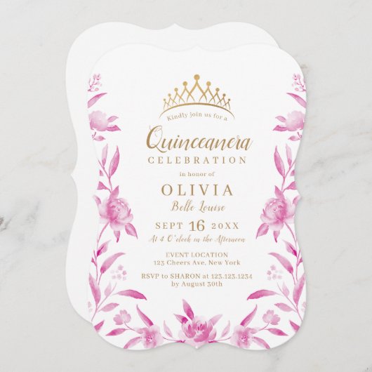 Roze en gouden waterverf bloemenquinceanera kaart (Voorkant / Achterkant)