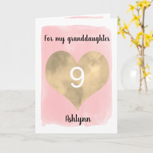 Roze en gouden Waterverf Hart 9e Verjaardag Kaart (Gele Bloem)