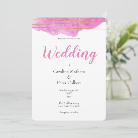 Roze en gouden Waterverf Uitnodiging tot bruiloft (Staand voorkant)