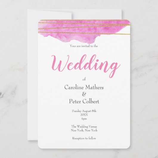 Roze en gouden Waterverf Uitnodiging tot bruiloft (Voorkant)