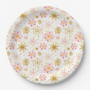 Roze en gouden wintersneeuwvlokken papieren bordje