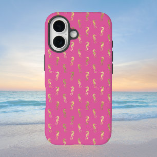 Roze en gouden zeepaardherhalingspatroon iPhone 16 hoesje