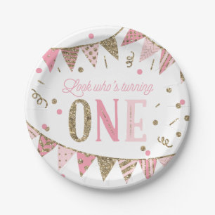 Roze en gouden zweefbanners eerste verjaardag papieren bordje