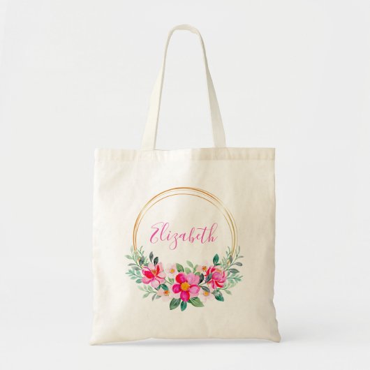 Roze en goudfloraal gepersonaliseerd tote bag (Voorkant)