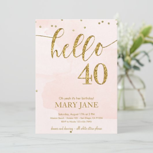 Roze en goudglitter 40e verjaardag Uitnodiging (Staand voorkant)