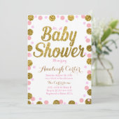 Roze en goudglitter baby shower girl uitnodiging (Staand voorkant)