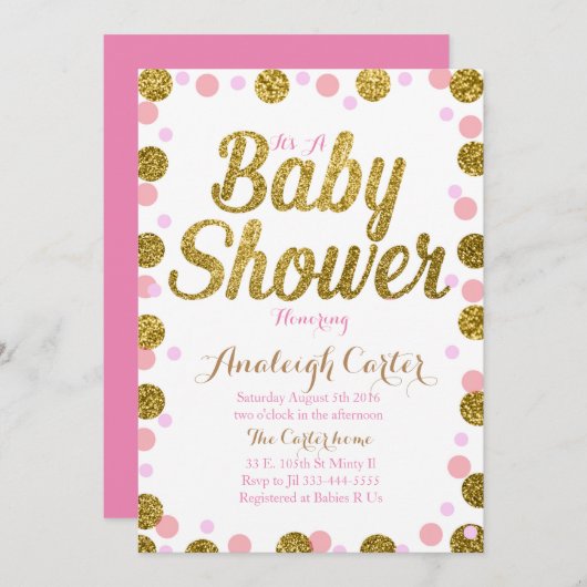Roze en goudglitter baby shower girl uitnodiging (Voorkant / Achterkant)