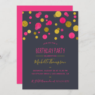 Roze en goudglitter Confetti Birthday Party Kaart