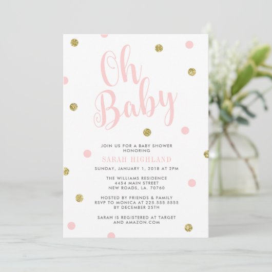 Roze en goudglitter Oh Baby shower Kaart (Staand voorkant)