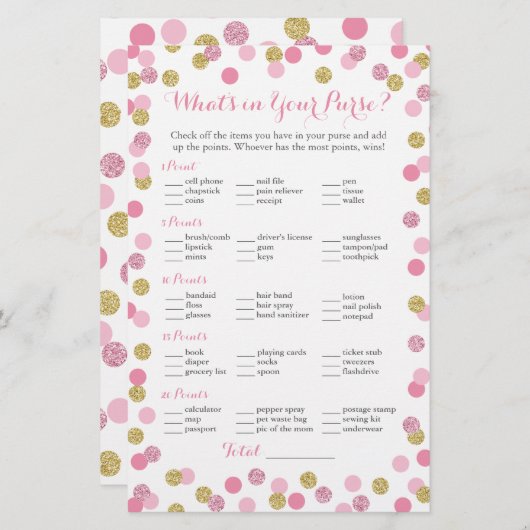 Roze en goudglitter Wat zit er in uw Purse Game (Voorkant / Achterkant)