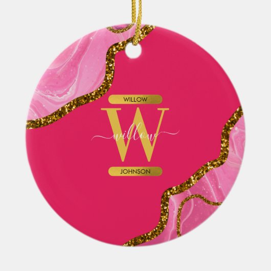 Roze en goudgrijs Glitter Monogram Keramisch Ornament (Voorkant)