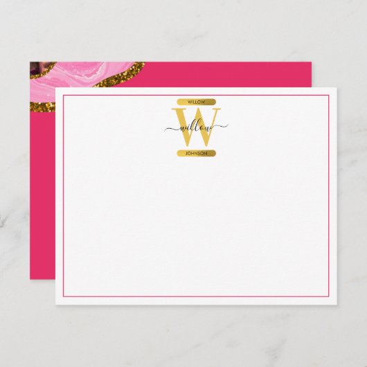 Roze en goudgrijs Glitter Monogram Notitiekaartje (Voorkant / Achterkant)