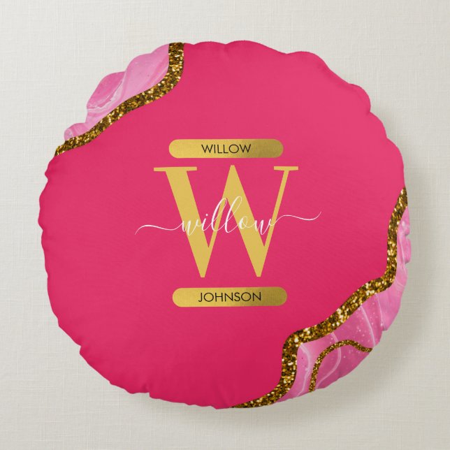 Roze en goudgrijs Glitter Monogram Rond Kussen (Voorkant)