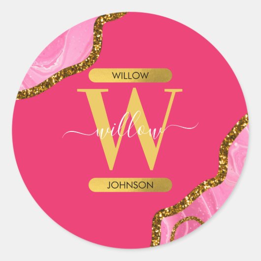 Roze en goudgrijs Glitter Monogram Ronde Sticker (Voorkant)